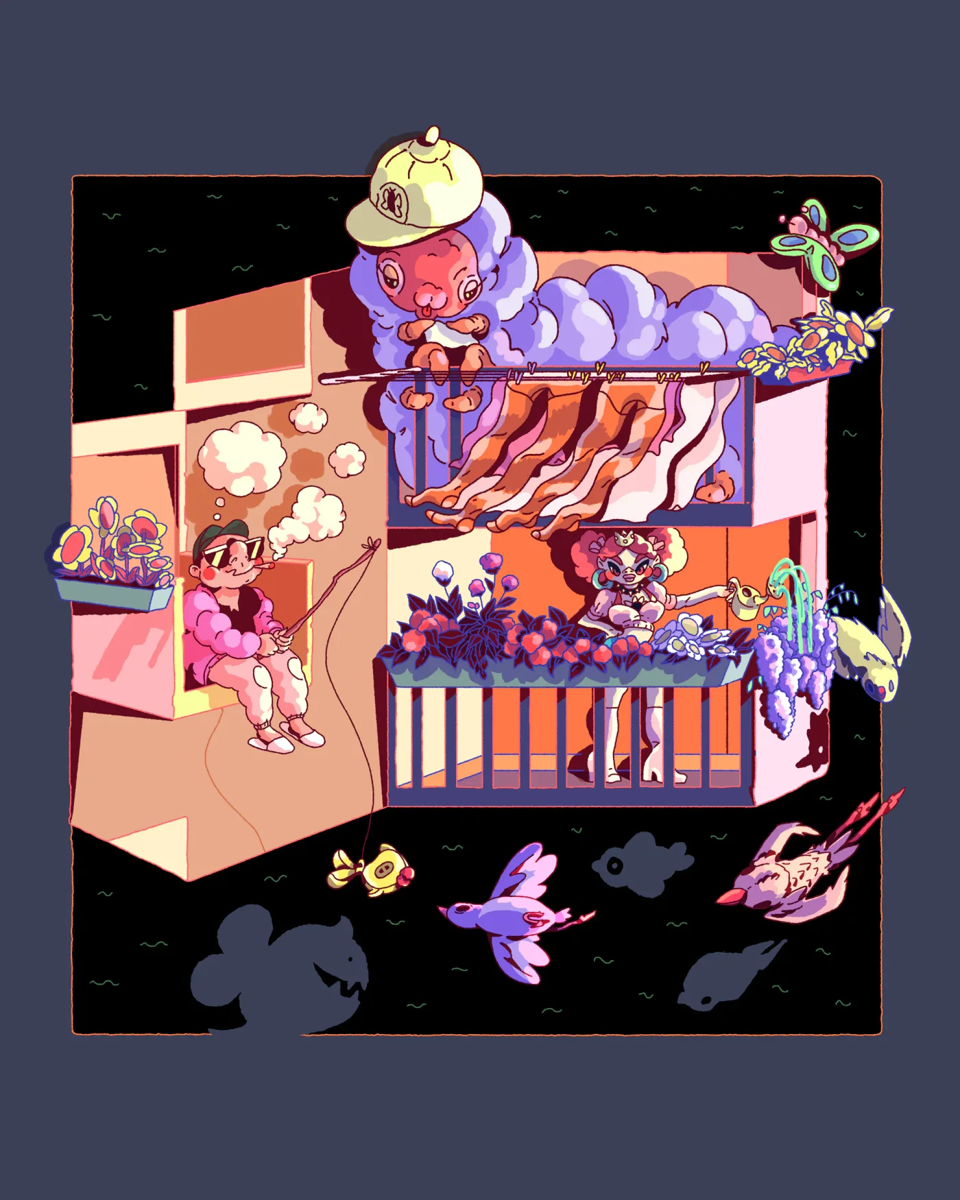 An illustrated balcony scene