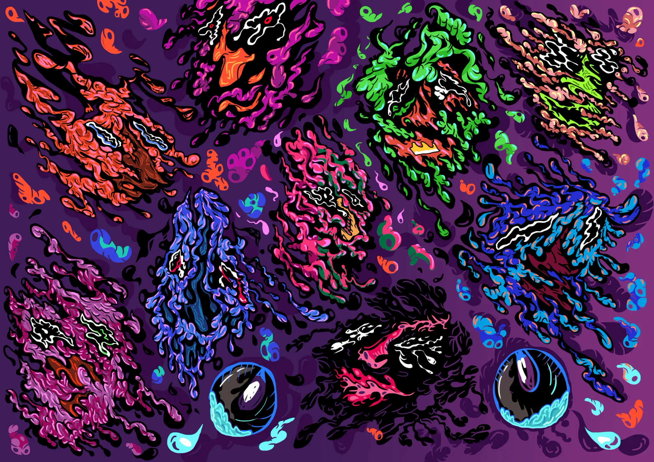 A field of expressive illustrated creatures in vivid color